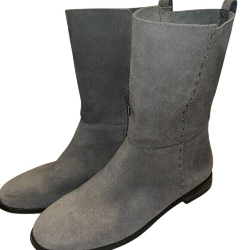 Womens Suede Gray Mid Calf Flat Boots Side Zipper Comfy Casual 8B